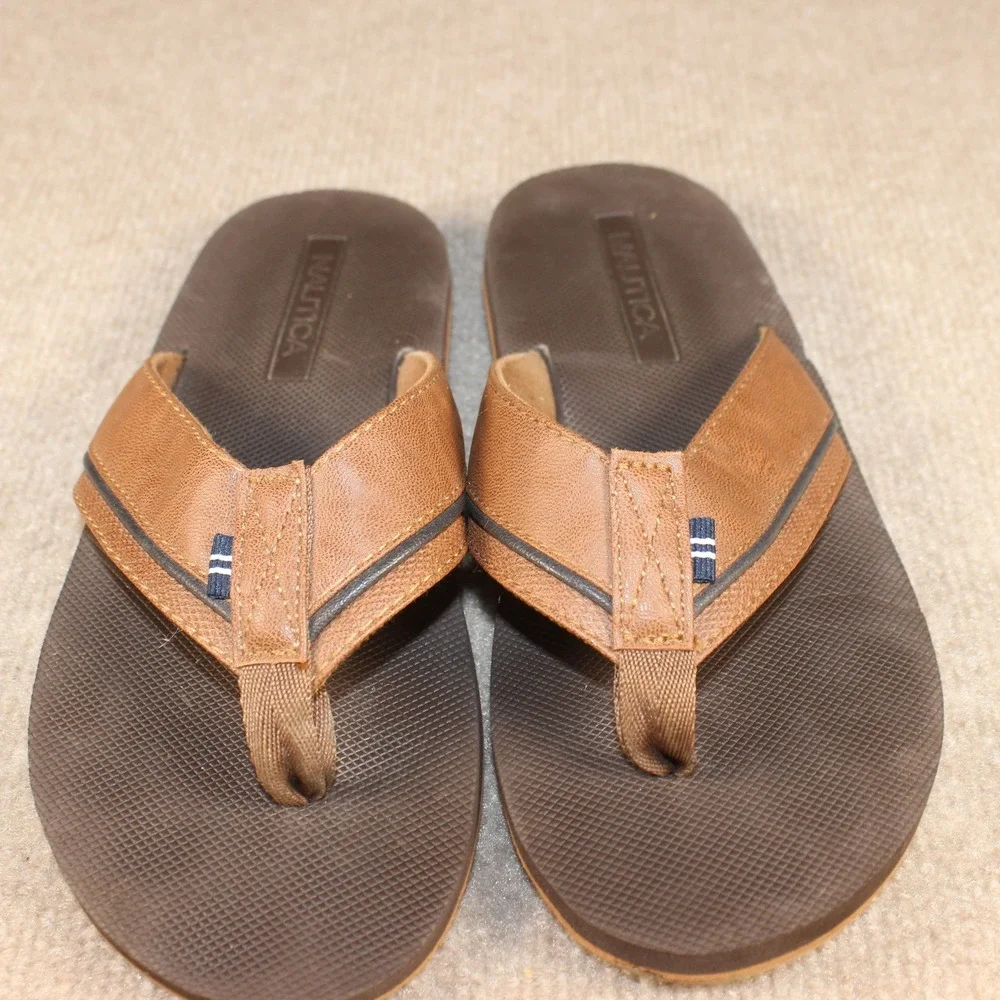 Nautica Mens Flip Flop Sandals Brown Faux Leather Thong Slide Casual Beach Shoes